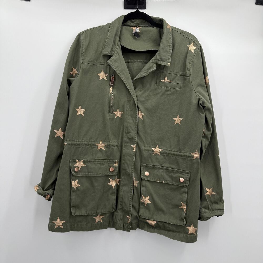 Romeo + Juliet Couture Jacket Womens Large Olive Star Print Utility Anorak Field